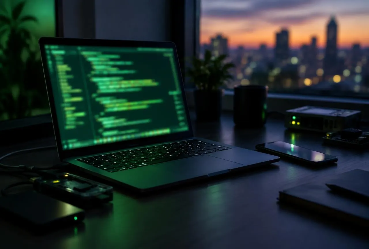 Development workstation with laptop and connected test devices