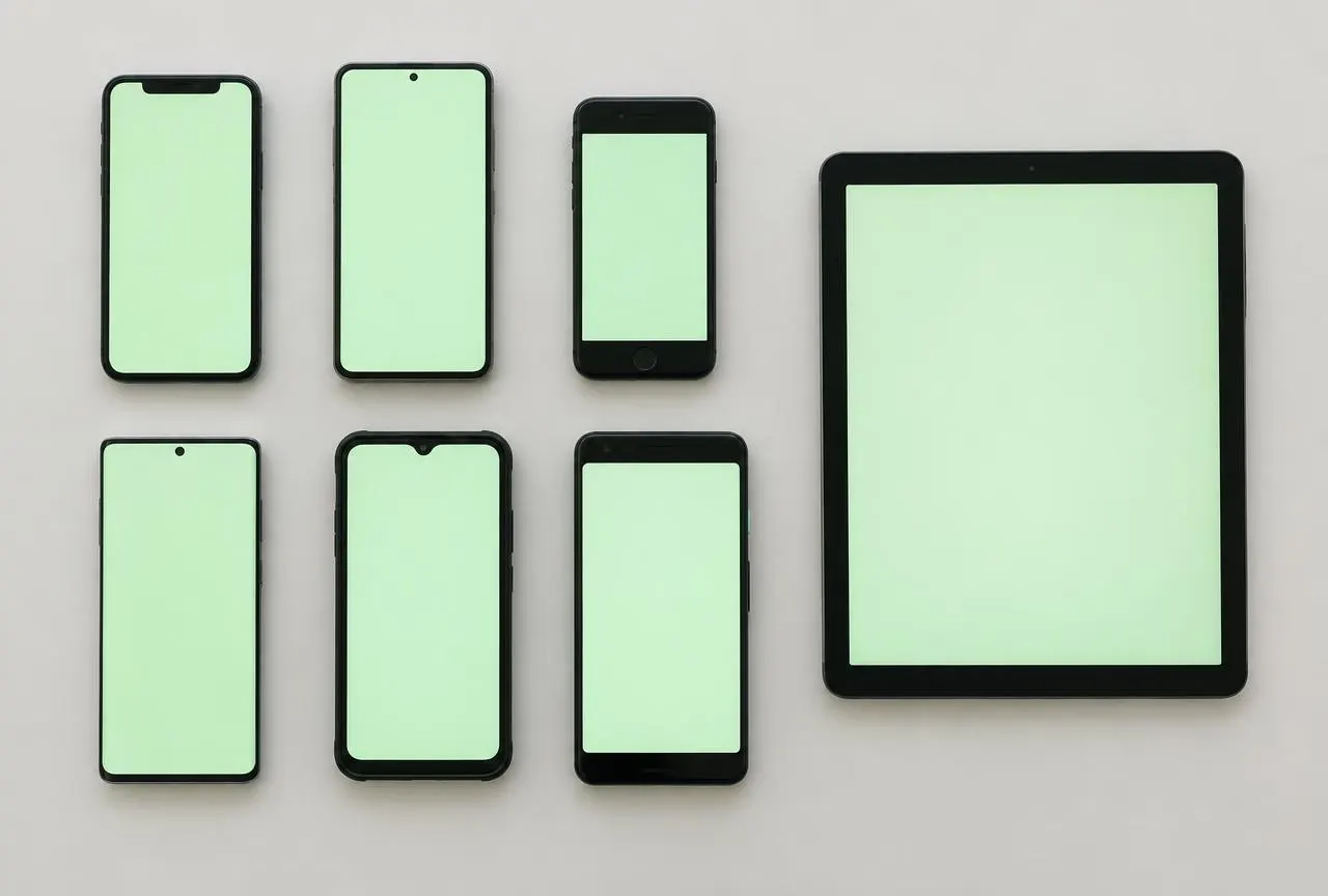 Different smartphones and a tablet on a light surface