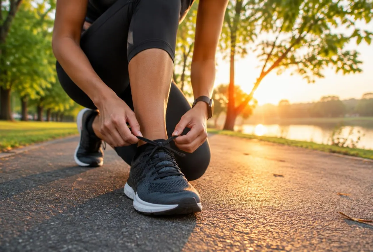 Runner preparing for a morning run in a park
