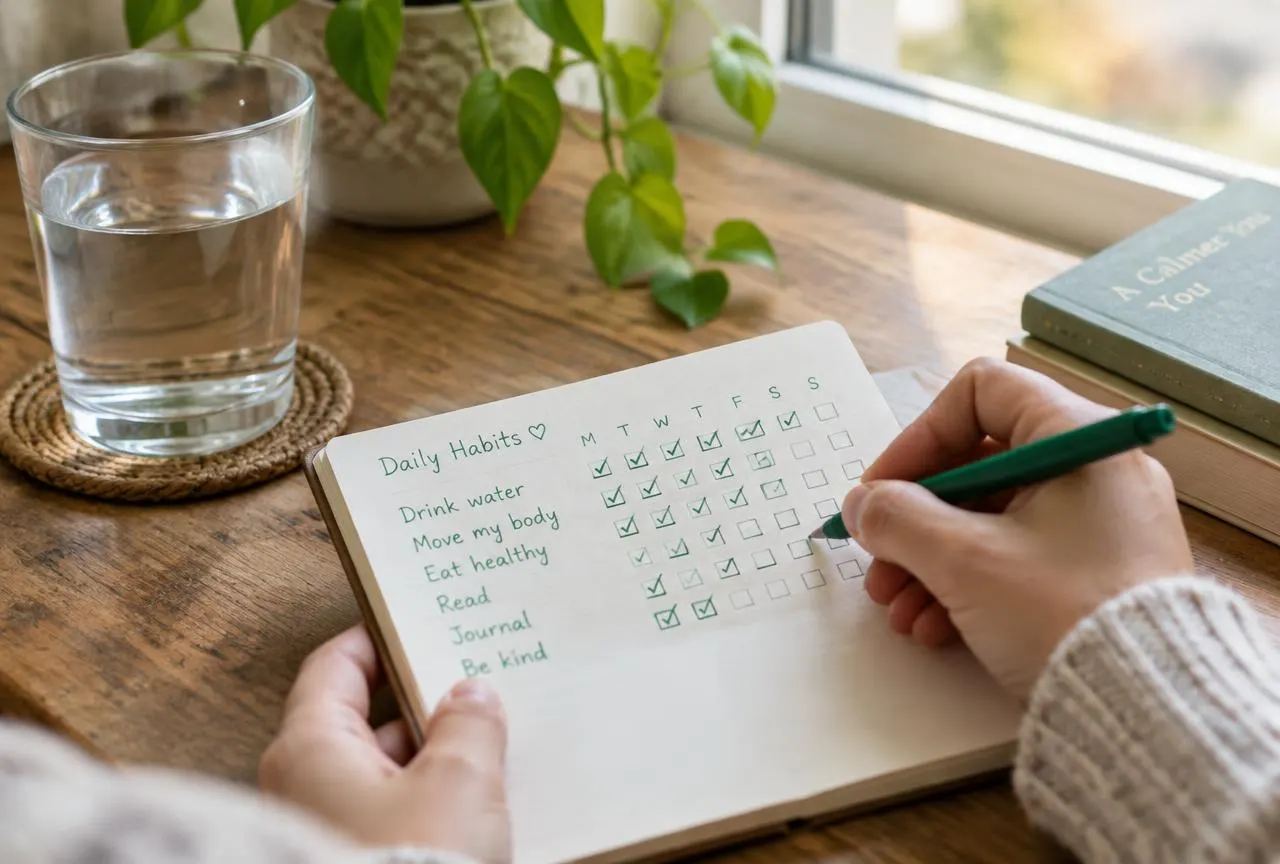 Habit checklist in a notebook with green check marks