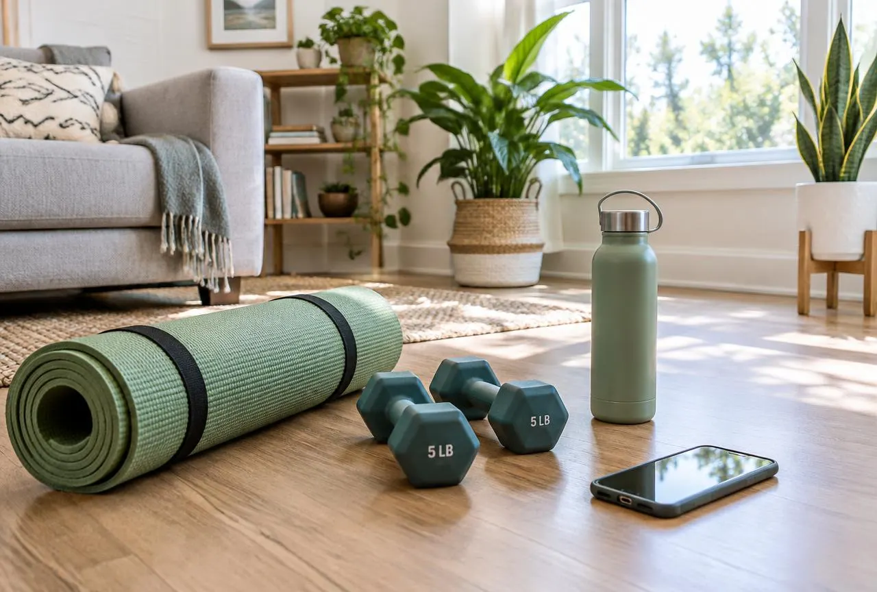 Living room home workout setup with yoga mat, dumbbells, water bottle and smartphone