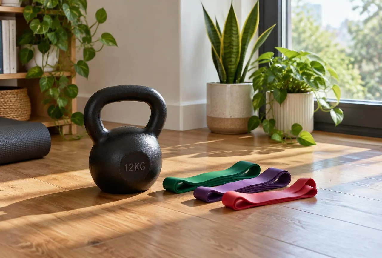 Kettlebell and resistance bands on a sunlit wooden floor