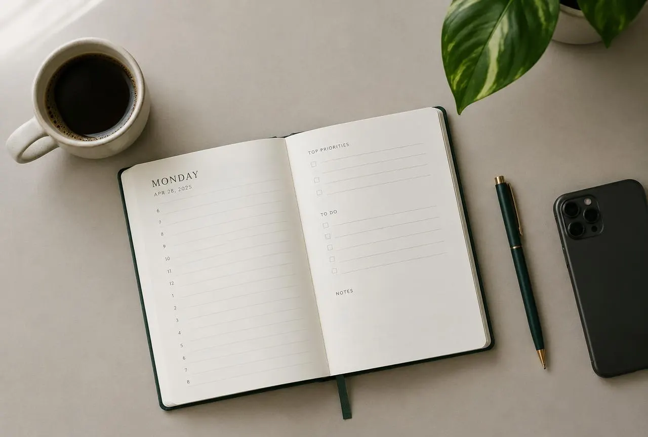 Paper planner with priorities list next to coffee and a phone