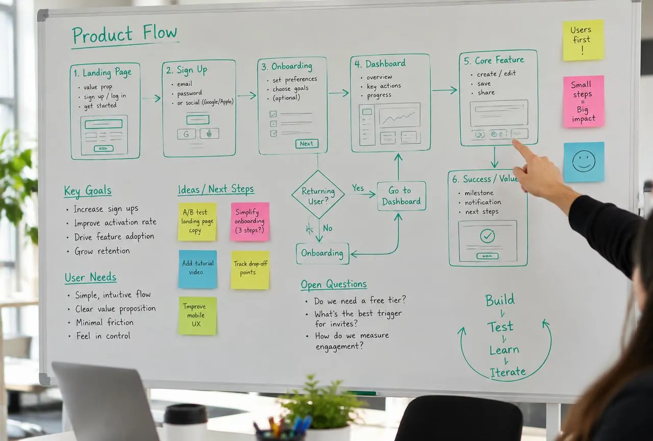 Whiteboard with product user-flow diagrams during a planning session
