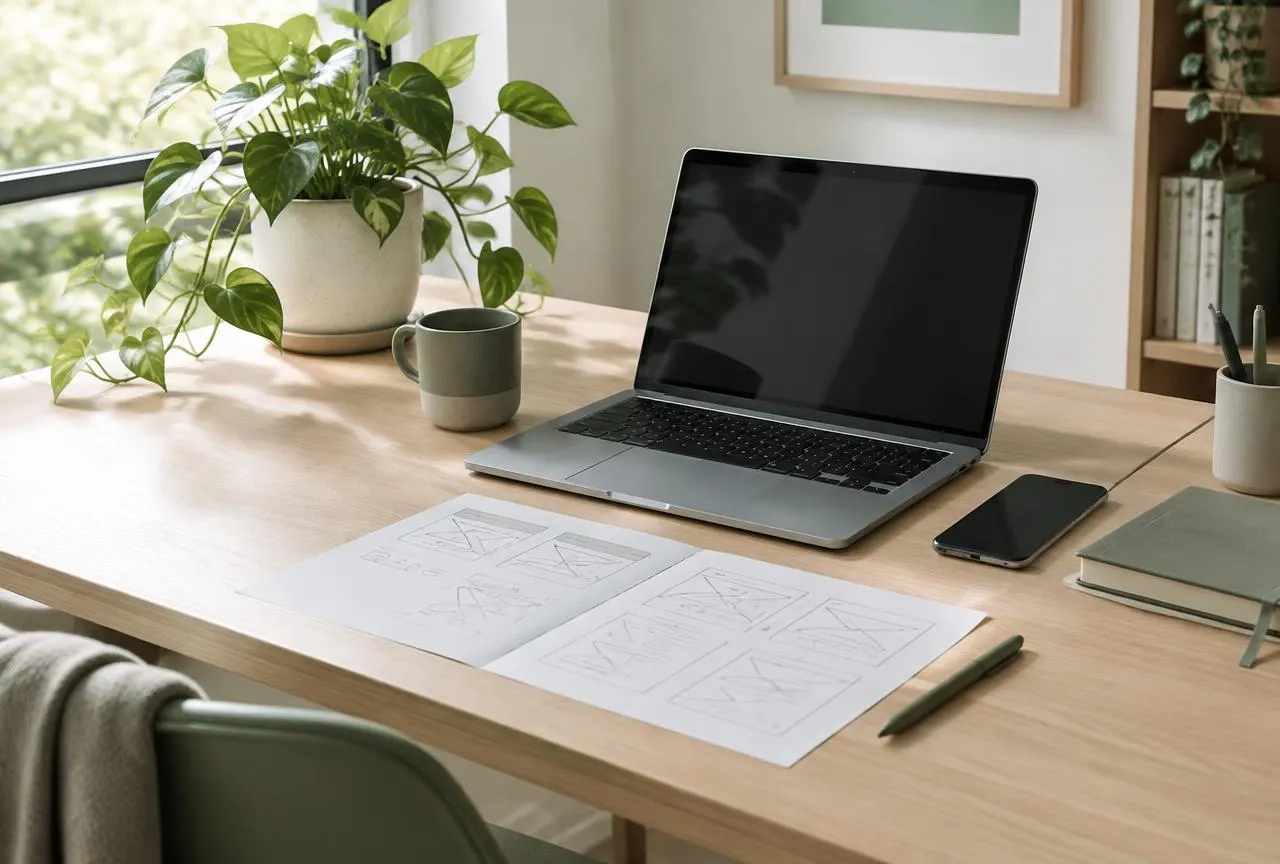 Bright design workspace with laptop, smartphone and paper app wireframes