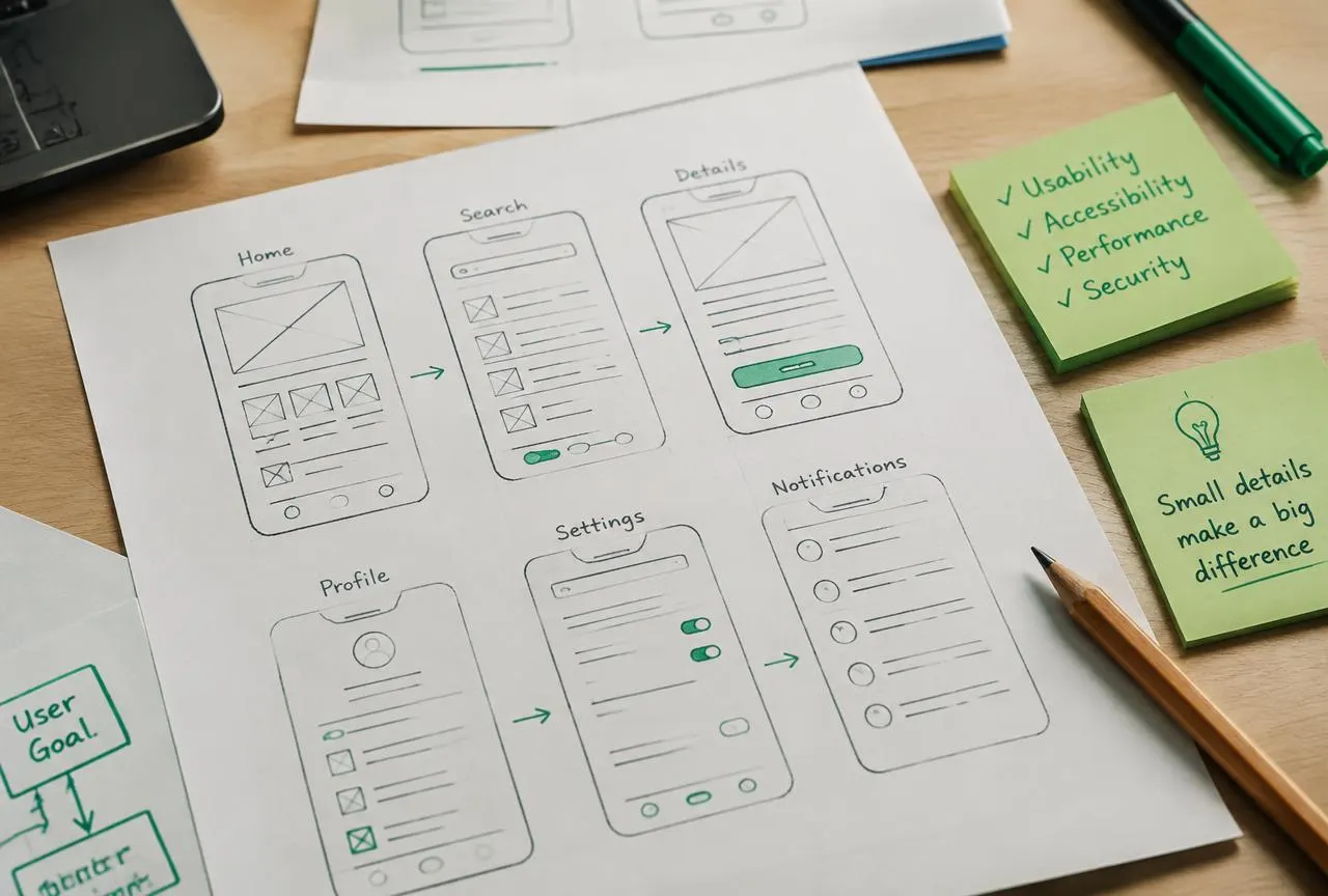 Hand-drawn mobile app wireframes and sticky notes